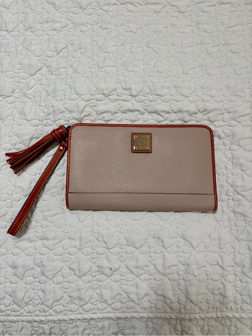 Dooney & Bourke gray Pebble Leather Wristlet with brown Trim